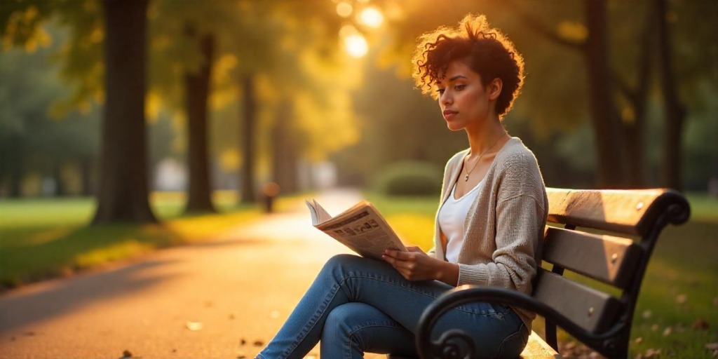 A young lady staying informed by reading newspaper