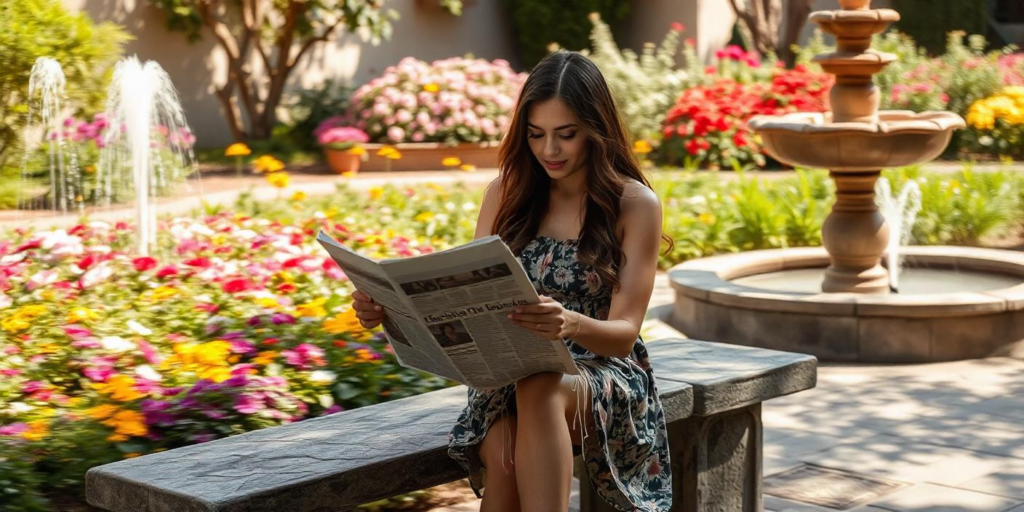 A young lady staying informed by reading newspaper